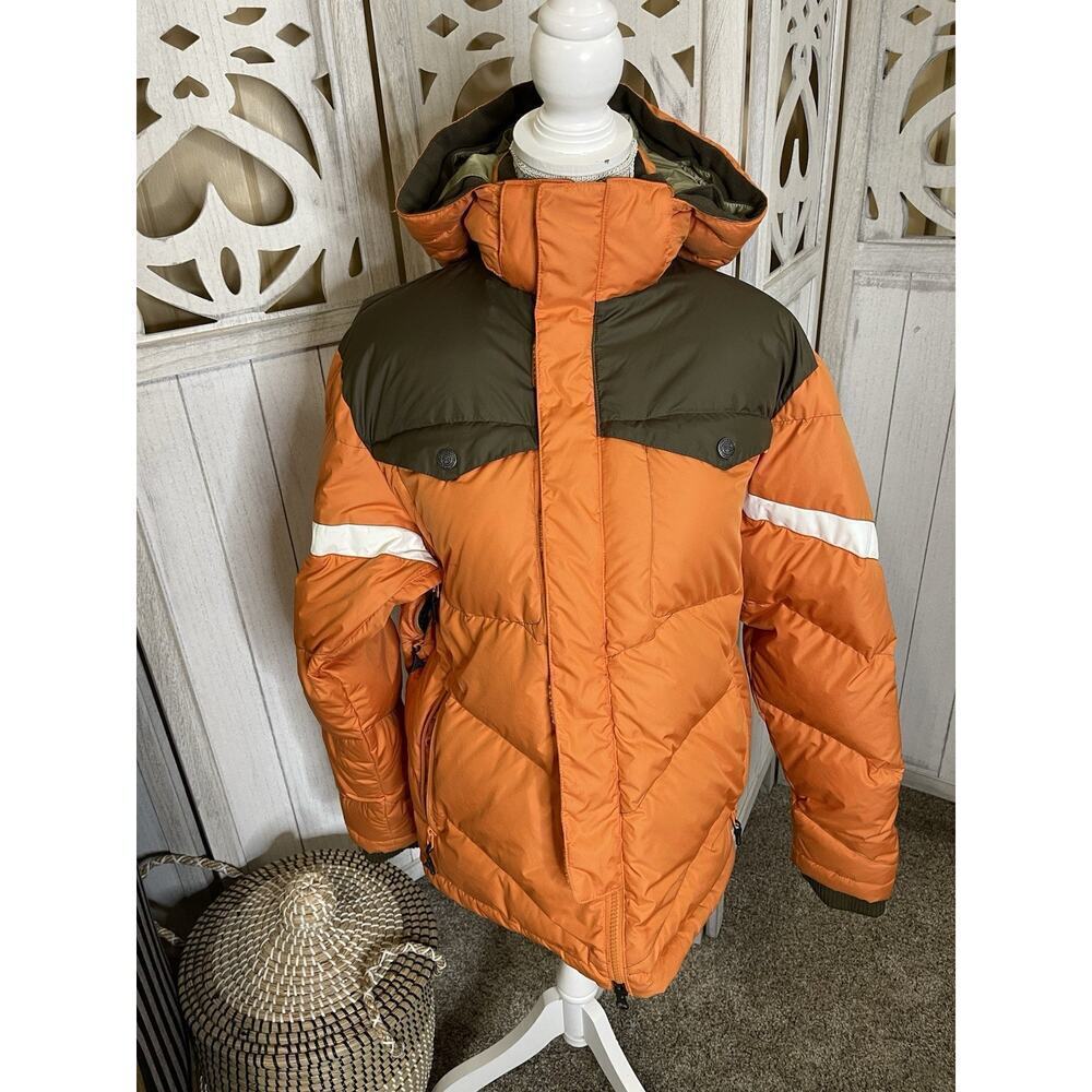 Powderhorn Down Puff Jacket Orange Brown Zip Up Hooded Size Men’s Small